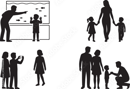 Silhouettes of diverse people in various daily life activities and social interactions