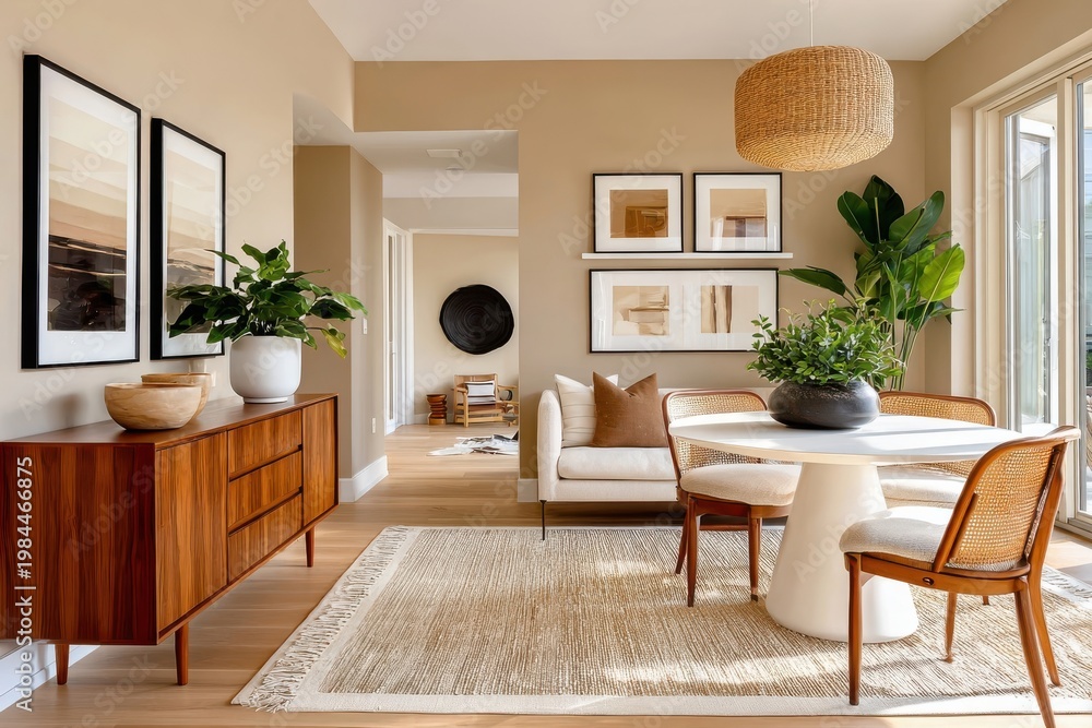 Fototapeta premium Bright neutral living room with wooden sideboard, round dining table and woven rattan accents