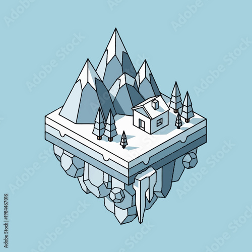 Isometric floating ice mountain with house.