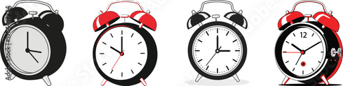 Retro alarm clock vector set, 4 vintage mechanical twin bell clocks in red and black, classic analog timepieces for morning wake up and deadline concepts