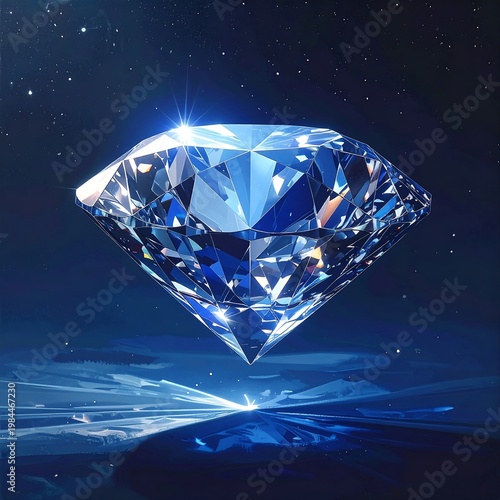 Faceted diamond reflects light, levitating over a dark, textured surface, against a starry space backdrop