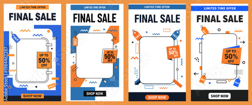 Discounted products are displayed on colorful posters during a final sale event at a retail store with promotional graphics.