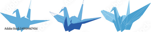 Origami paper crane vector set, blue folded paper birds in three styles, geometric japanese bird illustrations for craft and peace concepts