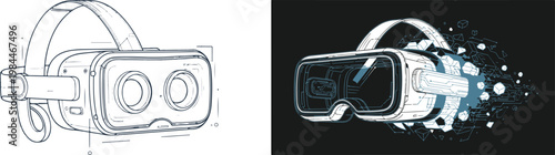 Futuristic virtual reality headset vector illustrations, technical VR goggles blueprint and digital gaming eyewear, modern wearable technology icons