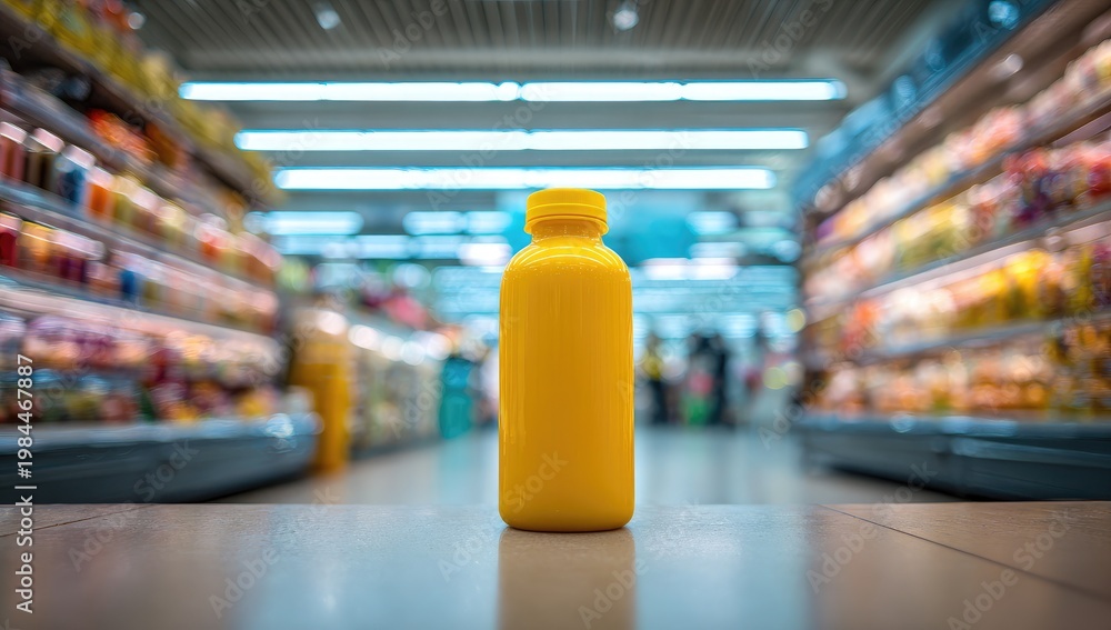 Fototapeta premium Bright yellow bottle in a supermarket aisle
