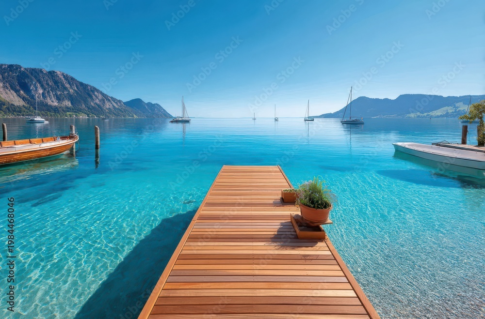 Fototapeta premium Wooden dock leading into clear blue water of Lake Attersee with boats and alpine mountains