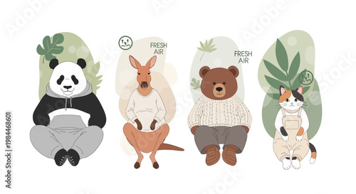 Group of cute, anthropomorphic cartoon animals, including a panda, kangaroo, bear, and calico cat, sitting in a row wearing cozy sweaters and hoodies.