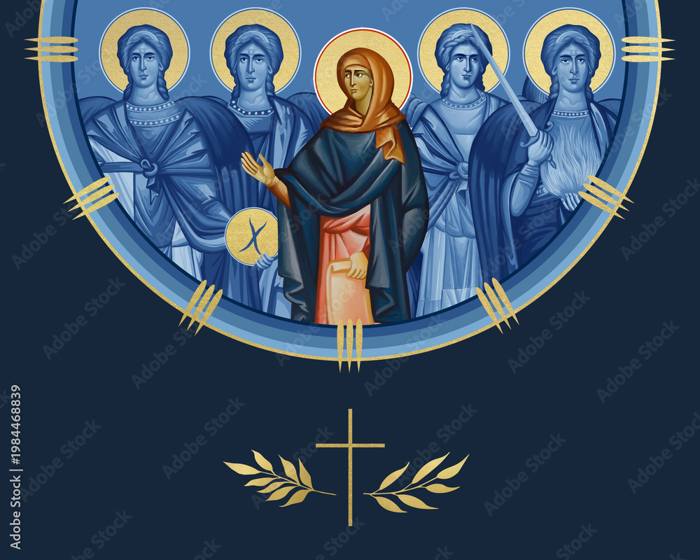Fototapeta premium Anna the Prophetess and four cardinal points (Archangel Gabriel, Uriel, Raphael and Michael). Illustration in Byzantine style isolated