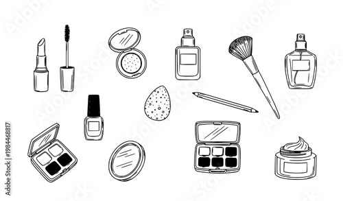 Hand drawn makeup doodle vector set with cosmetic elements in minimal sketch style for beauty design