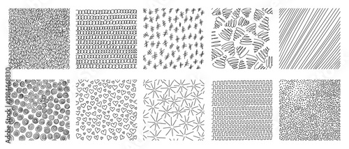 Crosshatch textures featuring hand-drawn line work and doodle pattern vector illustration set. Pencil sketch hatching with geometric grunge strokes, dots, and vintage scribble elements for background.