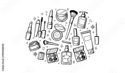 Elegant makeup doodle vector collection with hand drawn cosmetic elements in decorative circular composition