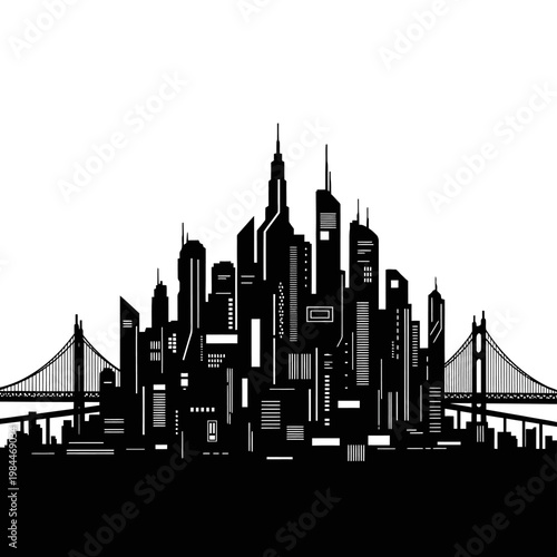 Monochrome Silhouette of a Modern Cityscape with Skyscrapers.