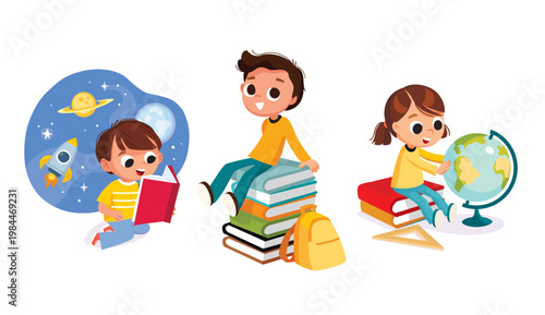 PNerd Geek Brainiac  learning studying a lot. Kids, children who love to read absorbed, lost in their books.  Boy sitting on piles of books. Little girl looking at the globe. Scholar  freshman  sorint