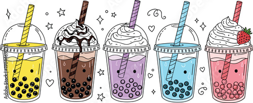 Bubble Tea Drinks with Different Flavors and Toppings in Clear Cups on White Background, Cute Design