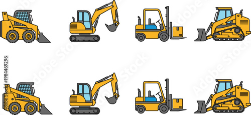 Construction machinery vector set with excavator loader forklift bulldozer vehicles illustration isolated on white background for industry