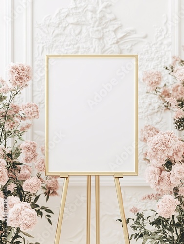 Blank gold easel frame surrounded by pink flowers in elegant floral setting