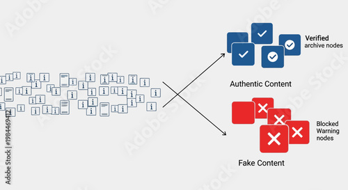 Information verification, fake news, fact checking, authenticity icons, Press freedom day, blue and red symbols