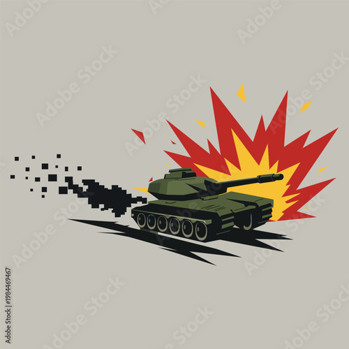 Tank explosion in war zone, military conflict and destruction concept illustration