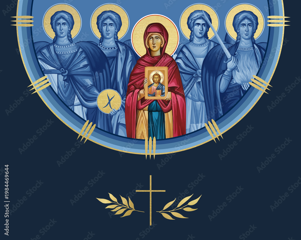 Naklejka premium Saint Parascheva of the Balkans and four cardinal points (Archangel Gabriel, Uriel, Raphael and Michael). Illustration in Byzantine style isolated