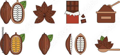 Cocoa and chocolate vector set with cacao pods beans powder and bar illustration isolated on white background