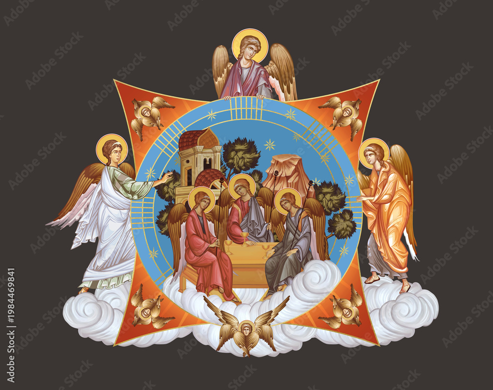 Fototapeta premium Trinitian. Holy trinity. Illustration in Byzantine style with angels and seraphim