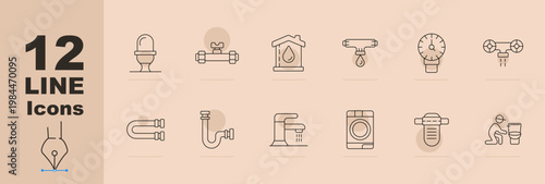 Plumbing sanitation set icon. Toilet bowl, pipe valve, water meter, drain pipe, faucet tap, washing machine, bidet spray, man cleaning toilet, curved pipe, sink drain, water tap