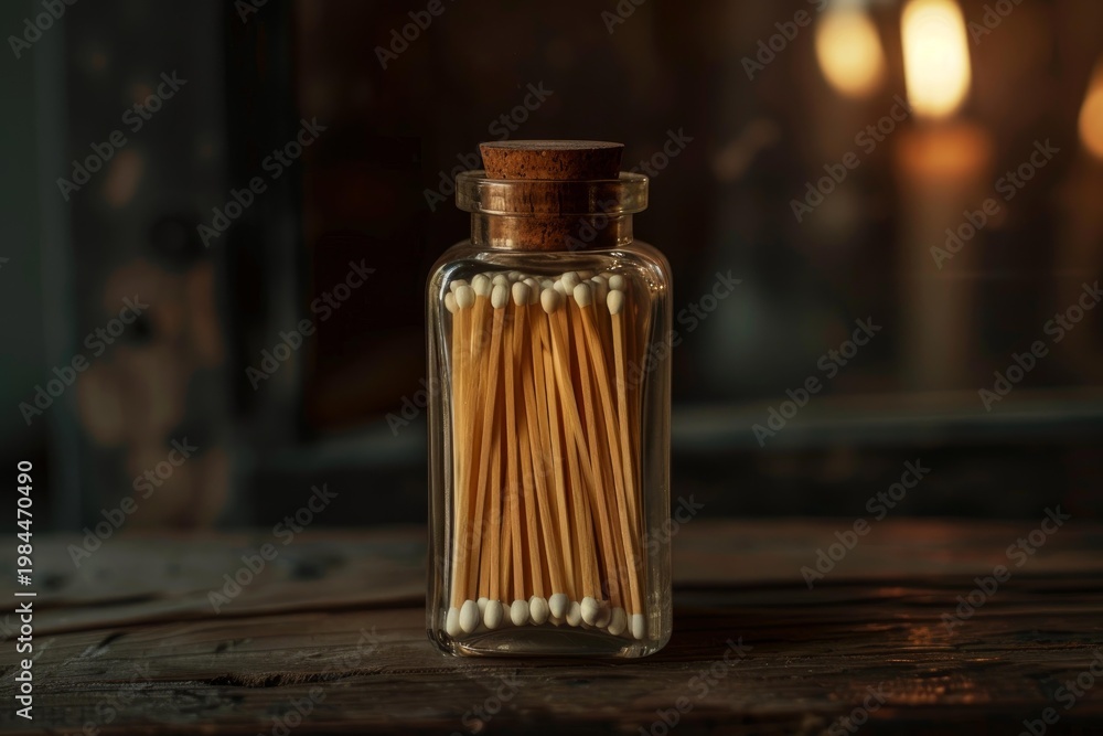 Obraz premium Long matches with white tips are stored in a glass jar with a cork lid, sitting on a rustic wooden table