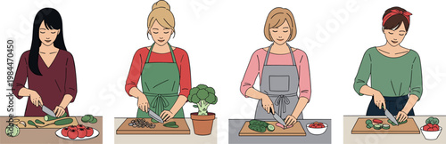 Women preparing food illustration set with cooking activities chopping vegetables and healthy meal preparation lifestyle concept design