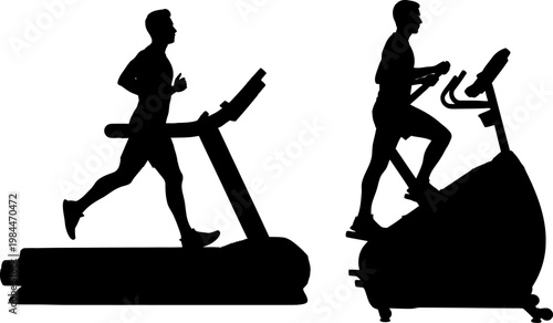 Silhouettes of people running on treadmills a fitness and exercise illustration