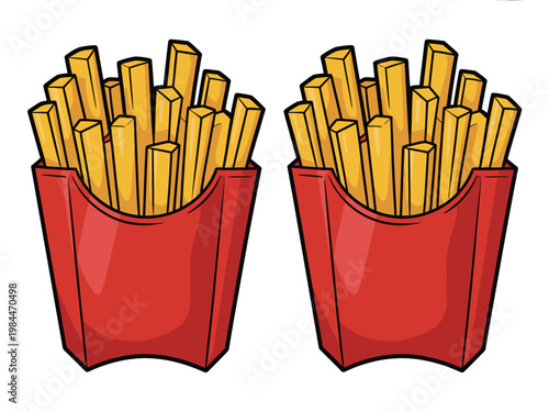French fries box on white background featuring golden crispy potato sticks in takeaway packaging