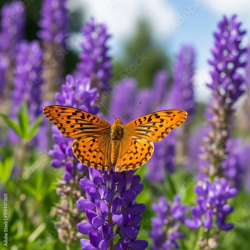 Monarch butterfly gracefully perched on vibrant purple lupine flowers.