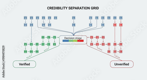 Credibility separation grid, verification flowchart, Press freedom day, decision tree diagram, information validation schema