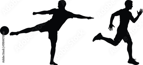 Dynamic silhouette of a soccer player kicking and a runner in motion