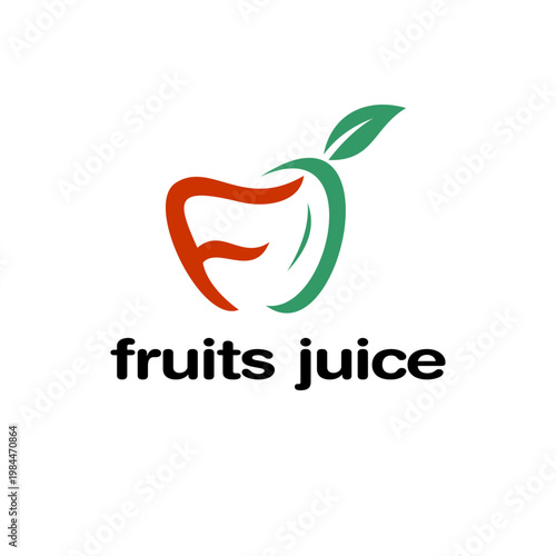 Fruits juice logo vector with letter f apple shape and leaf, fresh organic drink branding design, modern minimal food beverage label icon isolated