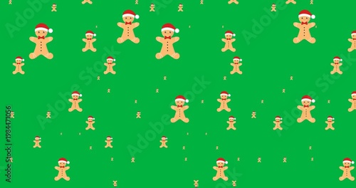 Multiple gingerbread wearing a santa hat icons falling in seamless pattern against black background