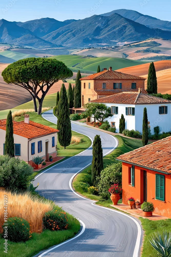 Fototapeta premium Winding road through Tuscan countryside with villas, cypress trees and rolling green hills