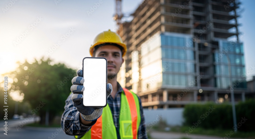 Obraz premium A construction worker in a hard hat and safety vest holds up a smartphone with a blank screen in front of a building under construction.