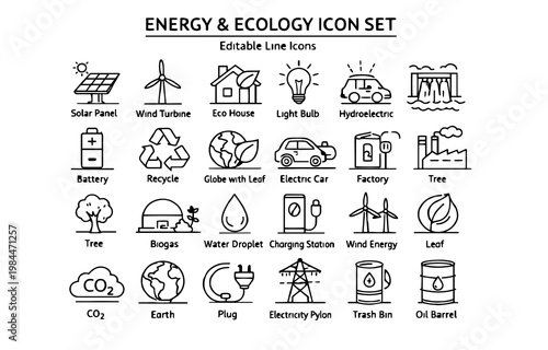 Energy and Ecology Icons Set – Renewable Energy, Sustainability, Green Technology and Environmental Protection