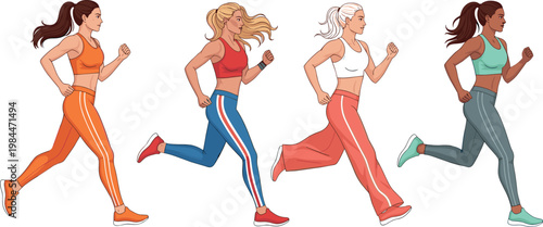 Women running illustration collection with diverse female jogging poses fitness activity and healthy active lifestyle sports design