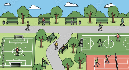 People enjoy diverse outdoor recreational activities in a vibrant park setting.