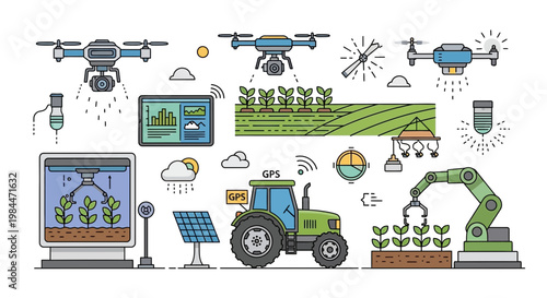Smart Farming Technology: Drones, Tractor, Robot Arm, Solar Panel, Tablet