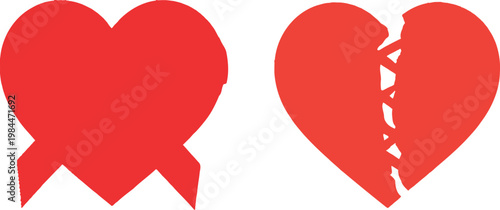 Red heart and broken shape love concepts isolated on white background