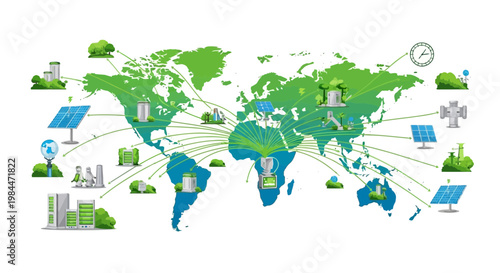 Global Renewable Energy Network: Green Technology Connecting World Map
