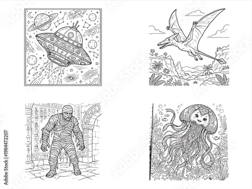 Fantasy creatures, coloring book illustrations, monster drawings, space and sea animals