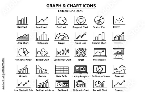 Graph  Chart Icons Set – Business Analytics, Statistics, Financial Report and Data Visualization Line Icons Collection