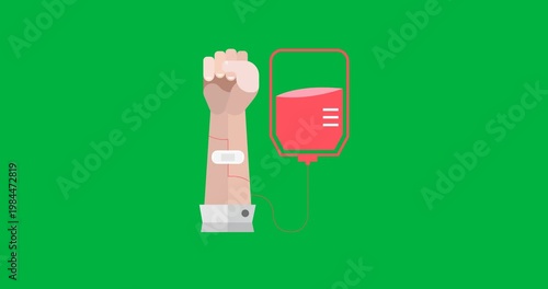 Digitally generated image of hand and blood bag icon against black background