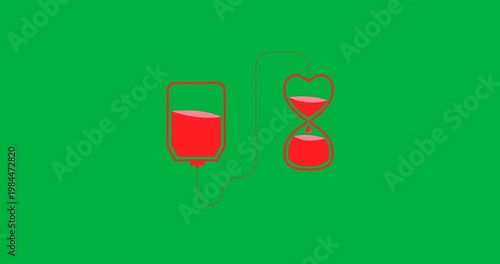 Donate blood text banner and blood bag and hour glass icon against black background