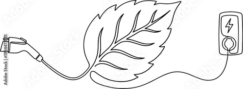 One Line Drawing of EV Charging Cable Leaf - Electric Vehicle and Eco-Transport Concept