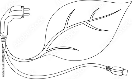 One Line Drawing of EV Charging Cable Leaf - Electric Vehicle and Eco-Transport Concept