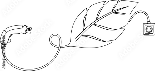 One Line Drawing of EV Charging Cable Leaf - Electric Vehicle and Eco-Transport Concept